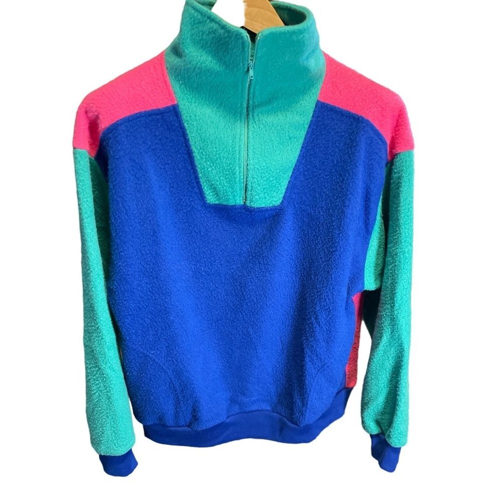 Vintage 80s ColorCues Color Block 1/2 Zip Fleece Pullover Top Sz L